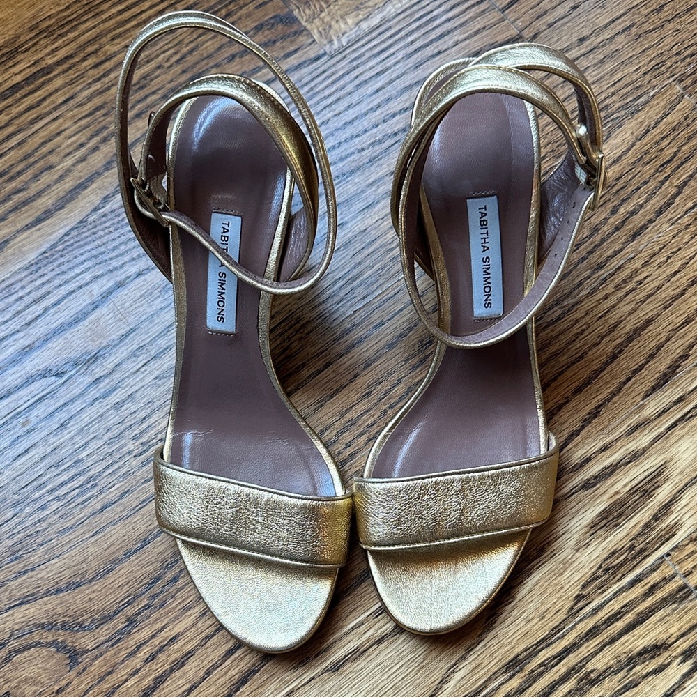 Tabitha Simmons Metallic Ankle Strap Heeled Sandals Made in Italy